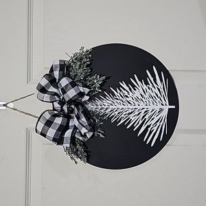 Wooden Hand crafted Round 12" Door hanger or sign Black White Tree